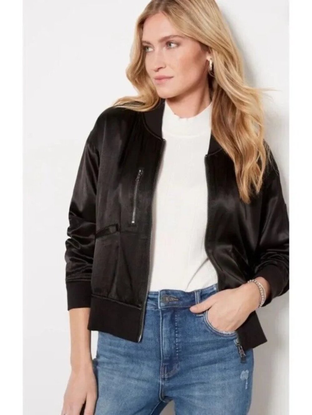 EVEREVE Gemma Satin Bomber Jacket Black Women's Medium